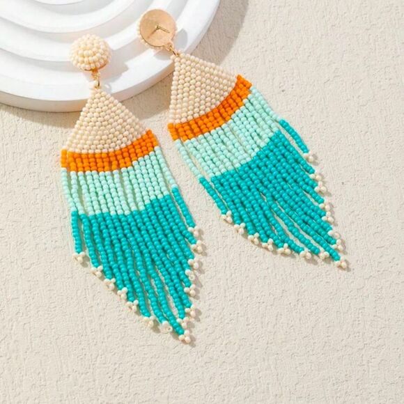 Bohemian Beaded & Tassel Woven Earrings - Picture 1 of 3